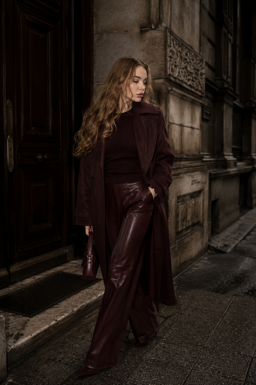 Gintare Kravchuk wearing a tonal oxblood coat and leather trousers beside a stone facade