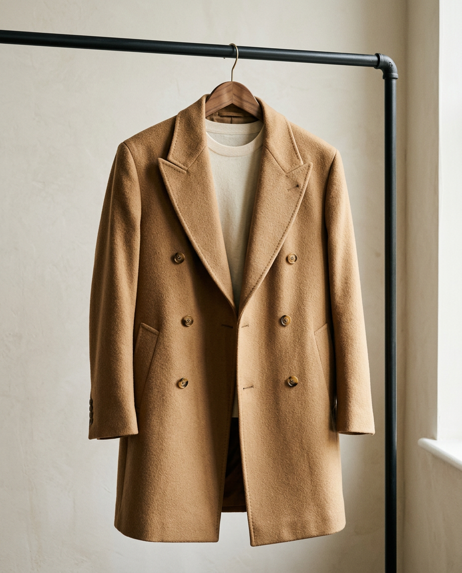 Style study — camel wool coat hanging from a wooden hanger against a pale stone wall