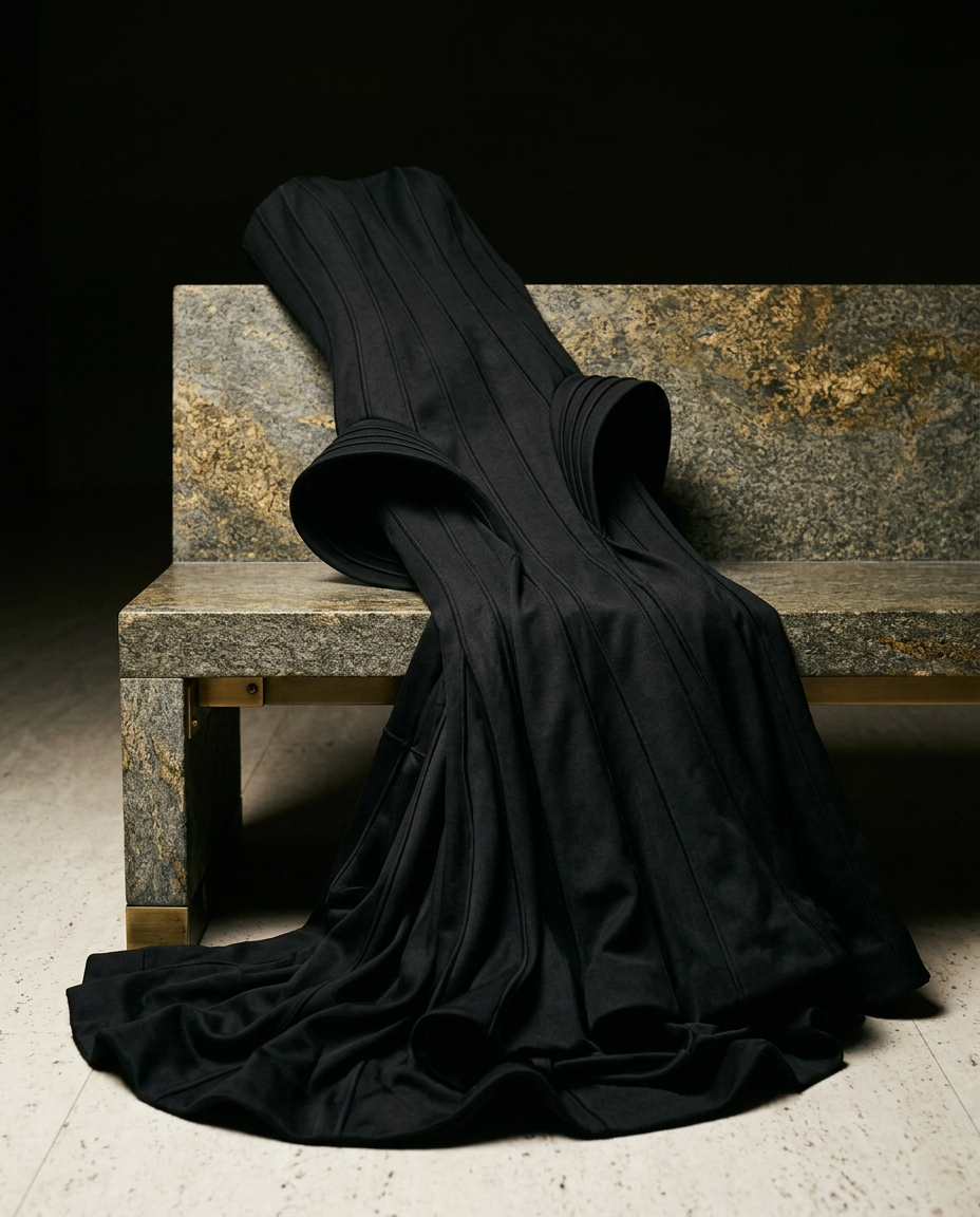 Style study — black couture gown draped across a stone bench