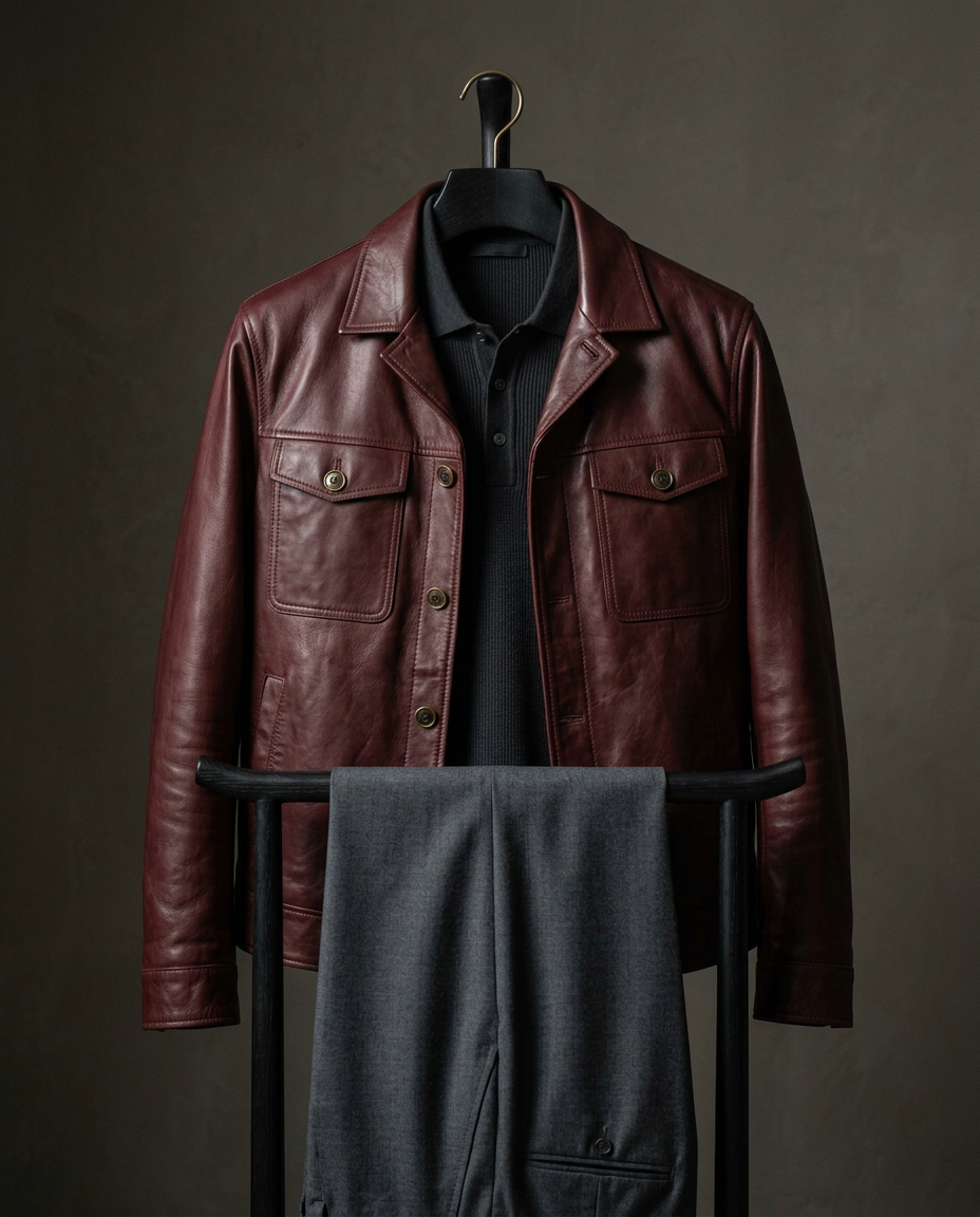 Style study — oxblood leather jacket, knit polo and trousers arranged on a valet stand